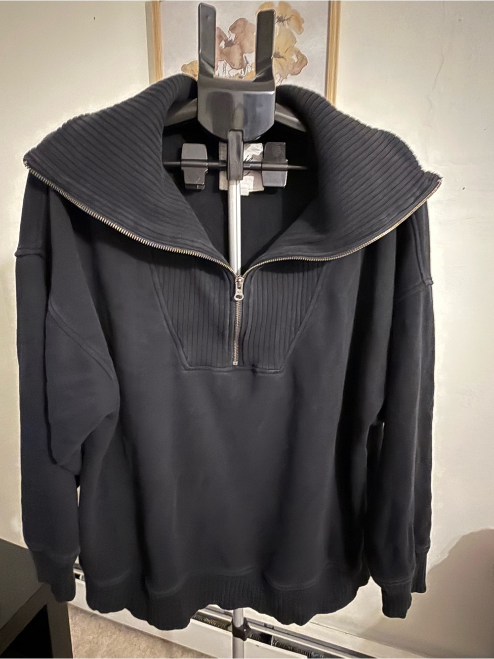 Aerie Large Black Oversized Half Zip Ribbed Sailor Collar Sweatshirt